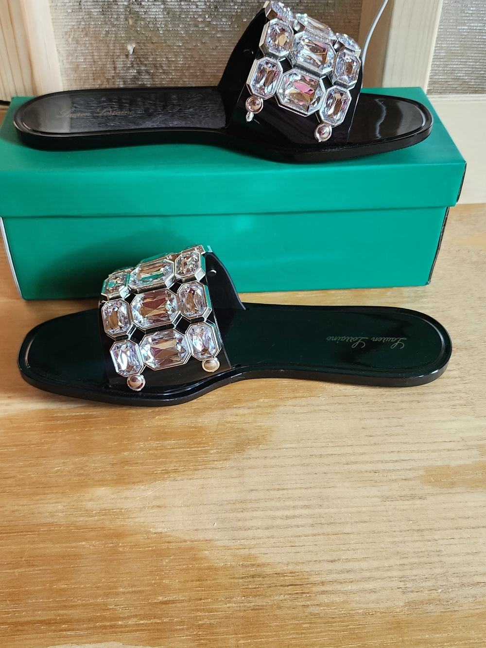 NEW!! Lauren Lorraine Black Slide Sandals with Crystal Embellishment, Sz 9.5,NWT - Picture 4 of 6
